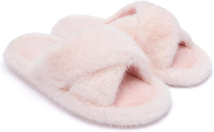 Chantomoo Womens Slippers Memory Foam Fuzzy Cross Band Faux Fur Slippers for Women Gift