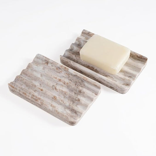 2 Pcs Soap Dish for Bathroom, Marble Bar Soap Holder for Kitchen Countertop, Soap Tray with Wavy Design, Soap Saver for Bath Tub, Sponges, Italian Natural Stone(Palissandro Classico)