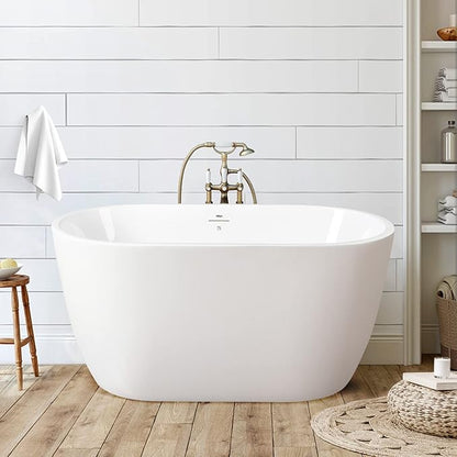 FerdY 47" Bali Acrylic Freestanding Bathtub, Gracefully Shaped Freestanding Soaking Bathtub, cUPC Certified, Toe-Tap Brushed Nickle Drain and Minimalist Linear Design Overflow Included