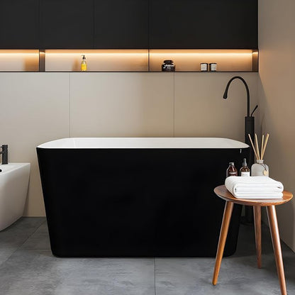 49" Acrylic Freestanding Bathtub - Japanese Square Soaking Tub with Built-in Seat, Toe-Tap Drain & Overflow, Black,Compact Space-Saving Bath for Bathrooms
