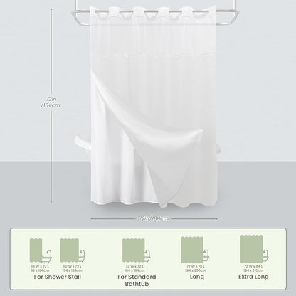 Inhousolu No Hook Shower Curtain with Snap in Fabric Liner Set Waffle Weave 230GSM Weighted Hem, Waterproof & Washable Bathroom Curtain Spa Luxury with Mesh Top Window 72" W x 72" L White