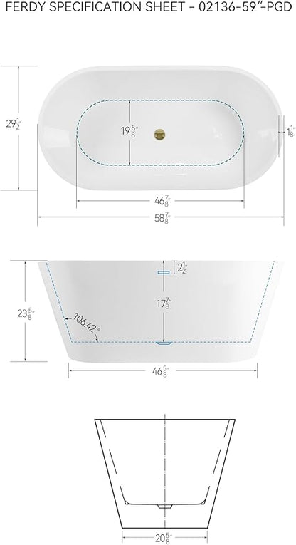 FerdY 59" Shangri-La Elite, Acrylic Freestanding Bathtub, Modern & Contemporary Design Soaking Tub with Polished Gold Pop-Up Drain and Minimalist Design Overflow, Glossy White, cUPC Certified