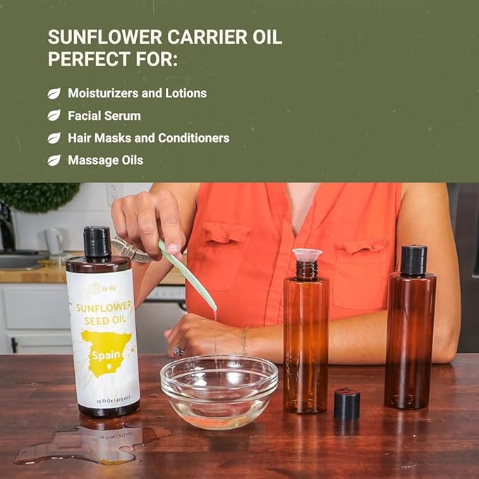 Nature Packaged Sunflower Carrier Oil (16oz) - Direct from EIR Oils' Farmland in the Sunny Fields of Spain - 100% Pure Carrier Oil for Hair, Face, and Skin
