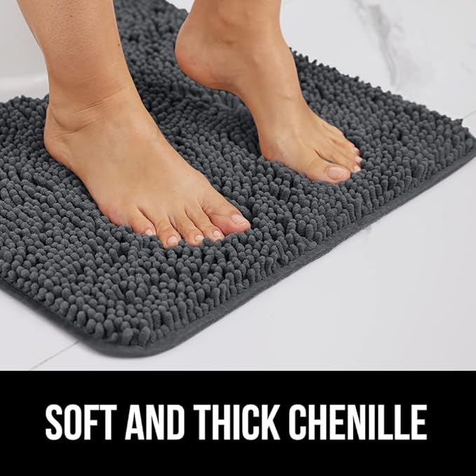 GORILLA GRIP Bath Rug Mat, Soft Absorbent Chenille, Quick Dry Microfiber Mats, Rubber Backing Washable Shower Floor Rugs, Bathmat Runner, US Designed Bathroom Home Decor Accessories 24x17, Charcoal
