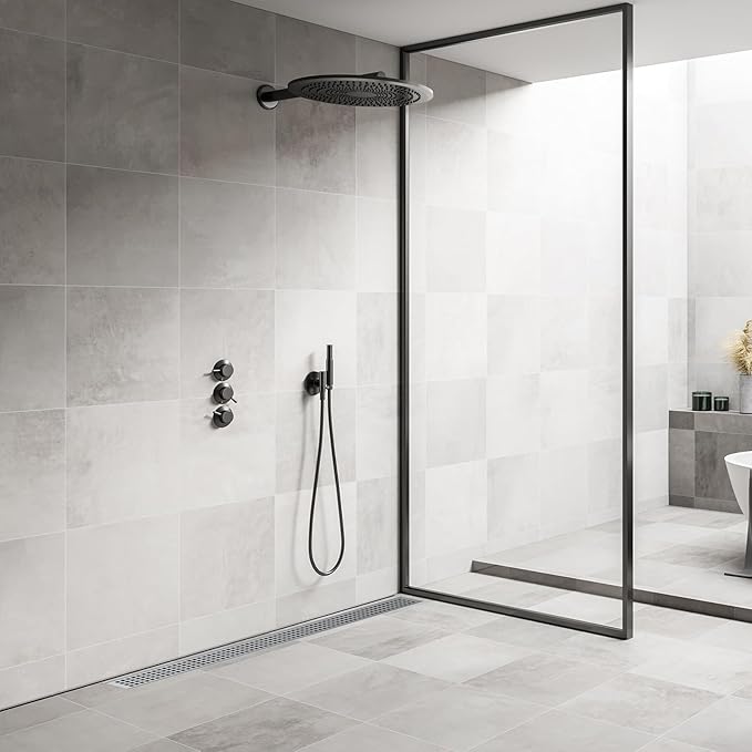 32 Inch Rectangular Shower Floor Drain, Brushed Nickel High Flow Shower Drain Kit with Flange with Hair Filter, Removable Grate Cover, 304 Stainless Steel, Abs Fixing Tray (Brushed)