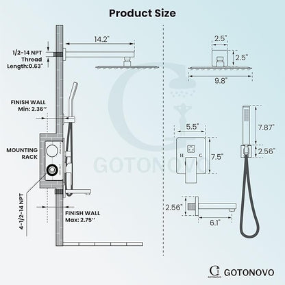 gotonovo Shower System with Tub Spout Wall Mounted Rain Shower Head and Handle Combo Shower Faucet Set with Valve, 10 Inch, Matte Black