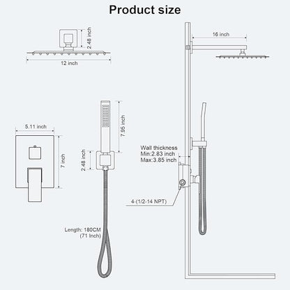 Shower Faucet Set Bathroom Square Rain Shower Head and Handle Set, Wall Mounted Shower Fixtures, Full Metal Trim Repair Kit 12 inch Brushed Nickel (With Shower Valve)