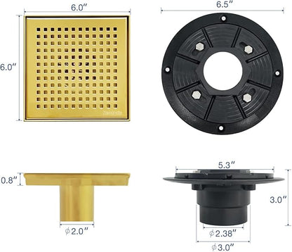 Neodrain 6 in Brushed Brass Square Shower Drain with Removable Quadrato Pattern Grate, PVC Shower Drain Base and Rubber Gasket, Gold 6" Square Drain with CUPC Certified, Golden Hair Strainer