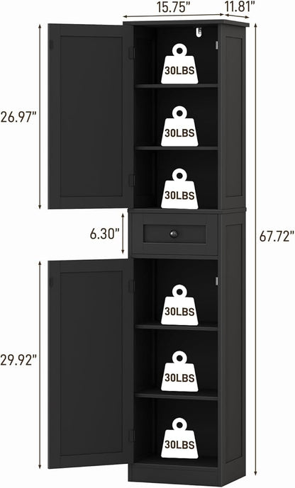 67" H Tall Bathroom Cabinet, Narrow Storage Cabinet with 2 Barn Doors and 1 Drawer, Freestanding Floor Cabinets with 6 Shelves for Bathroom, Living Room, Kitchen, Black