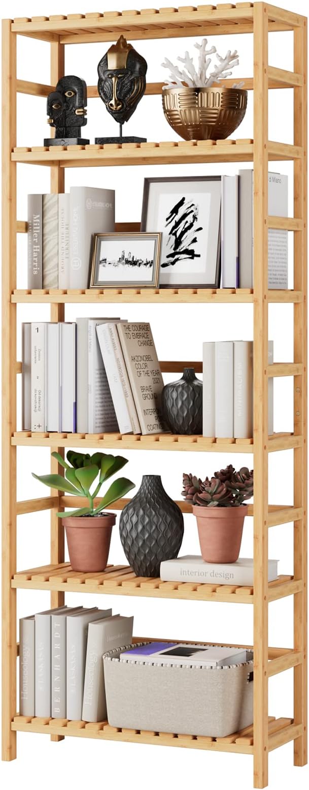 Bamjoy Bamboo Shelf, 6 Tier Bookcase Storage Shelves, Tall Book Rack Shelving Unit, Multipurpose Storage Display Shelf Adjustable Storage Rack for Bathroom Home Office Living Room Kitchen, Natural