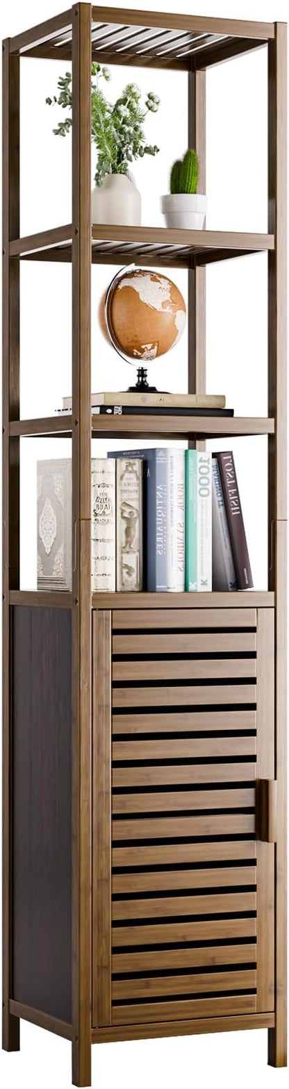 HITNET Bathroom Cabinet, Bamboo Floor Cabinet Freestanding Narrow Storage Unit with Removable Shelves, 6 Tier Tall Cabinet, Walnut