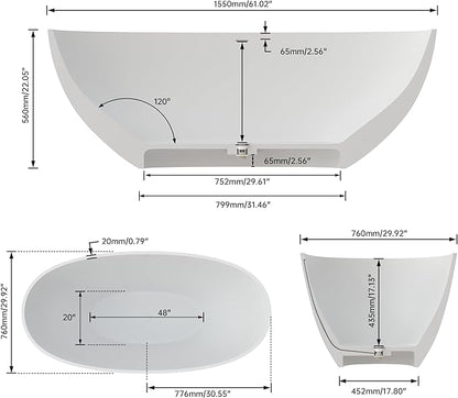SJ STAR&JANE 61" Solid Surface Freestanding Bathtub, Oval Soaking Tub with Overflow and Pop-up Drain for Bathroom