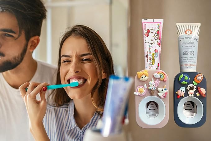 Automatic Kid Toothpaste Dispenser Wall Mounted for Bathroom,Toothpaste Squeezer for Kids & Family Shower by Mr. Thumbs (2pc,Astronaut& Unicorn)