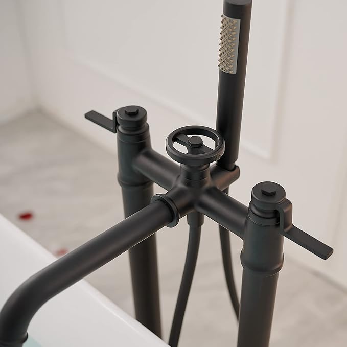 Freestanding Bathtub Faucet Matte Black Floor Mount Tub Filler with Handheld Shower Two Handle High Flow Rate Mixer Tap Bathroom Tub Faucet