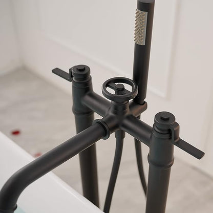 Freestanding Bathtub Faucet Matte Black Floor Mount Tub Filler with Handheld Shower Two Handle High Flow Rate Mixer Tap Bathroom Tub Faucet
