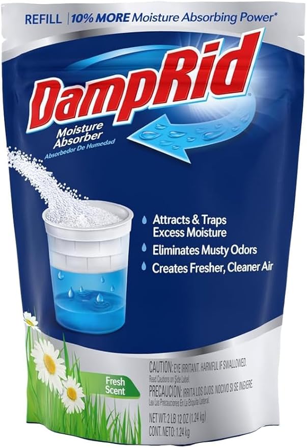 Damp Rid Refillable Moisture Absorber, Includes Single Damp Rid Fresh Scent 11oz. Cup & 44oz. Refill Bag - Moisture Absorbers for Closet, 10% More Absorbing Power*, Cleaner Air - ILIOS Packaging.