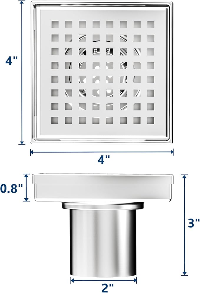 Neodrain 4-Inch Square Shower Drain with Removable Quadrato Pattern Grate, PVC Shower Drain Base and Rubber Gasket for Bathroom Floor Drain, Brushed 304 Stainless Steel, Includes Hair Strainer
