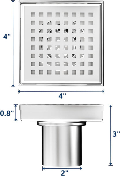Neodrain 4-Inch Square Shower Drain with Removable Quadrato Pattern Grate, PVC Shower Drain Base and Rubber Gasket for Bathroom Floor Drain, Brushed 304 Stainless Steel, Includes Hair Strainer
