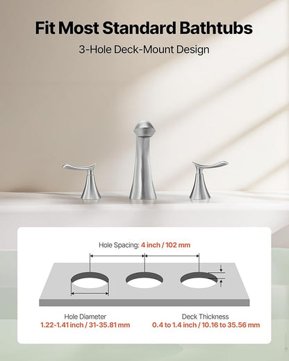 VEVOR Roman Tub Faucet, 3 Hole Waterfall Bathtub Faucet, Gooseneck Bath Tubs Faucets Set with 2 Handles, Deck Mount Bath Tub Faucets Set for Pet Washing, Adult Bathing, Brushed Nickel