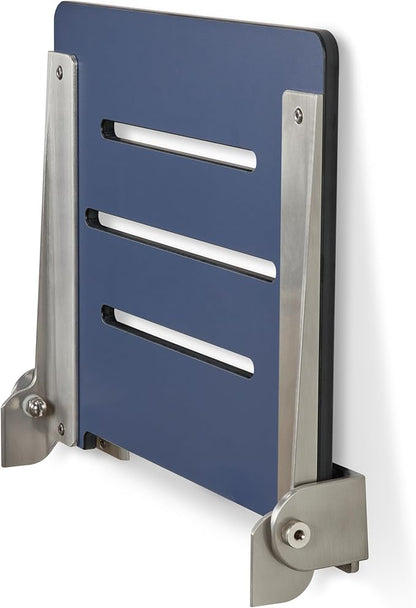 18 inch Silhouette Slimline Folding Wall Mount Shower Bench Seat, Navy Seat with Silver Frame