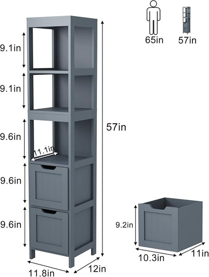 HOMEFORT Bathroom Storage Cabinet, Slim Tall Cabinet, Narrow Floor Cabinet Organizer, Wooden Linen Tower with 2 Drawers and 3 Shelves, Freestanding Storage Cupboard Grey