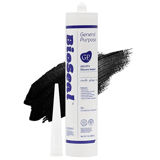 Black BioSeal 100% Silicone Sealant Caulk General Purpose, Waterproof and No Odor 10.1 Ounce Cartridge -Black (1)