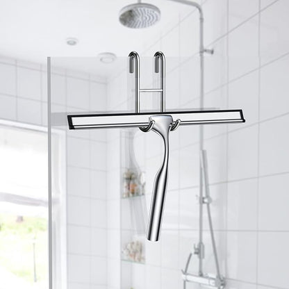 Shower Squeegee Set, Include Shower Door Hook, Adhesive Hook and Spare Silicone Blade, Window Squeegee for Shower Glass Door, Bathroom, Mirror, Window Car Glass 14Inches Silver
