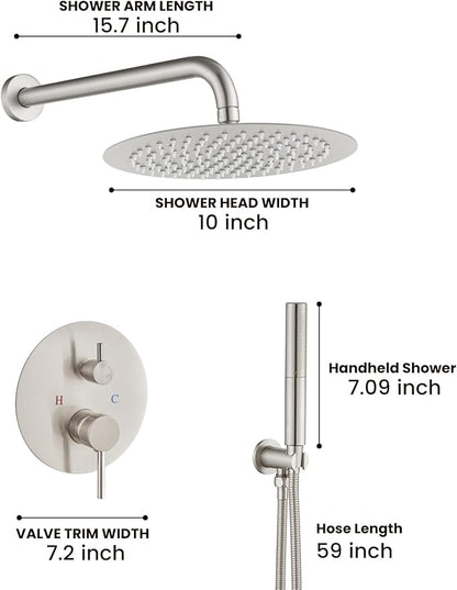 Airuida Shower Fixtures 2 Functions Shower Faucet Set Wall Mounted for Bathroom High Pressure Brass Handheld Shower with Rough-in Valve Round Rainfall 10 Inch Shower Head Brushed Nickel
