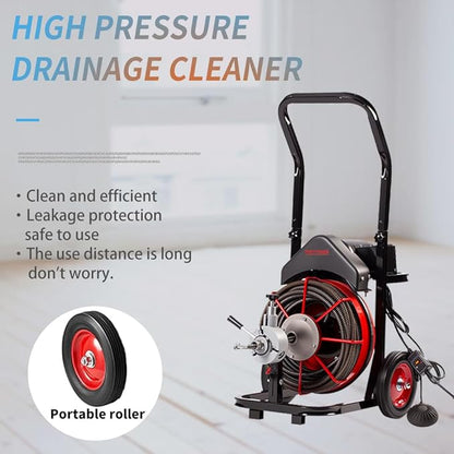 100FT x 1/2 inch Electric Drain Washer, Sewer Spiral Automatic Feed Portable Sewer Snake, Automatic Feed Drain Snake Drill on Wheels with 5 Knives and Air Activated Foot Switch for 4 "to 8" Pipe
