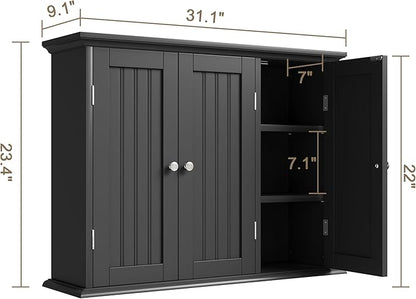 ChooChoo Bathroom Wall Cabinet with 3 Doors, Laundry Cabinet Wall Mounted, Medicine Cabinet with Adjustable Shelves, Hanging Kitchen Cupboard Organizer, Black