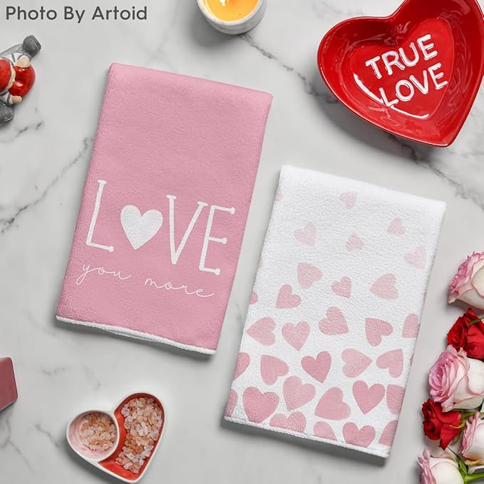 Artoid Mode Pink Heart Love Valentine's Kitchen Towels Dish Towels, 18x26 Inch Farmhouse Anniversary Wedding Decoration Hand Towels Set of 4