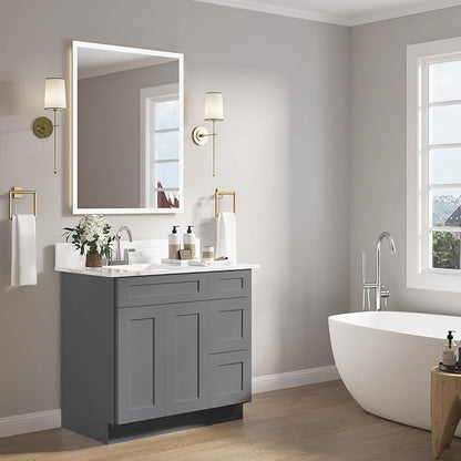 ROOMTEC Bathroom Cabinet, 36'' Free Standing Bathroom Vanity with 3 Right Drawers and 1 Door,Soft-Close Drawer Slides Morden Bathroom Sink Vanity Storage Cabinet, Shaker Gray