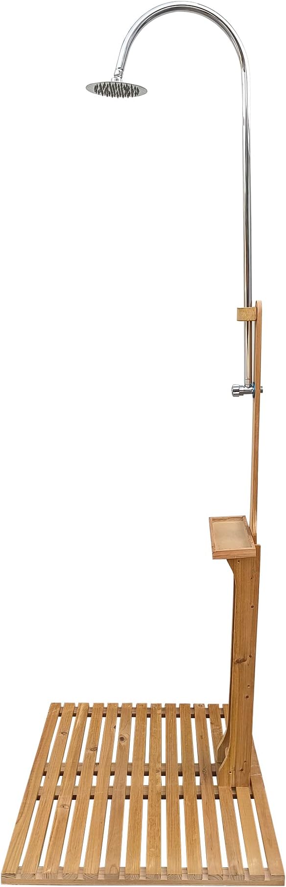Outdoor Wooden Pool Shower with Base Platform, Solid Wood Garden Shower with Storage Shelf & Adjustable Water Control for Swimming Pool Patio Terrace Backyard, Teak