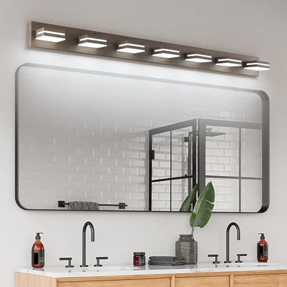 SineRise LED Modern Bathroom Vanity Light Fixtures (7-Light, 55-Inch, Dimmable), Brown Wood Painted Modern Acrylic Bathroom Wall Lighting Fixtures Over Mirror (Cool White 6000K)