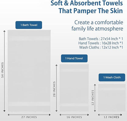 DAN RIVER 100% Ring Spun Cotton 3-Piece Towel Set, White, Bath Towel, Hand Towel and Washcloths, 550 GSM - Soft, Absorbent Quick Dry Cotton Towels for Bathroom, Spa, and Gym