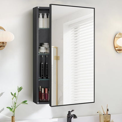 Black Bathroom Medicine Cabinet with Mirror, 17x30 Inch Rectangle Wall-Mounted Bathroom Mirror with Storage & Adjustable Tempered Glass Shelves for Bathroom Vanity, Over Sink