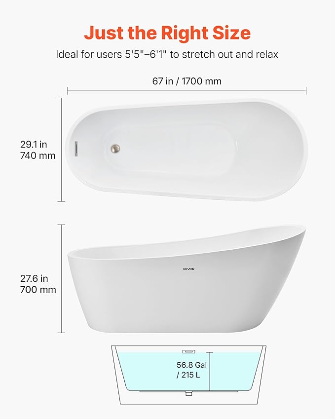 VEVOR Acrylic Freestanding Bathtub, 67 Inch Contemporary Soaking White Tub with Brushed Nickel Overflow and Drain, Elegant Oval Shape Stand Alone Soaker Bathtub for Modern Bathroom or Remodel Project