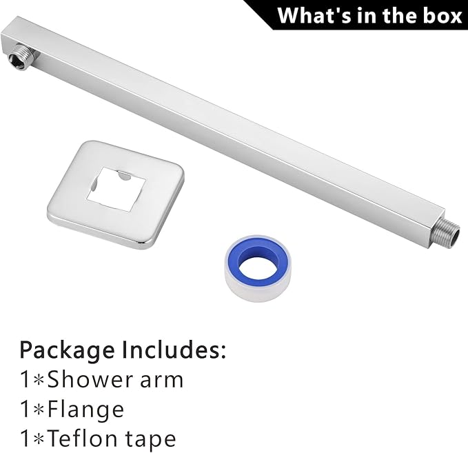 Voolan 20" Square Shower Arm with Flange and Teflon Tape, Extension Shower Head Arm for Bathroom Fixed Shower Head, Solid Stainless Steel, Wall Mounted (Chrome)