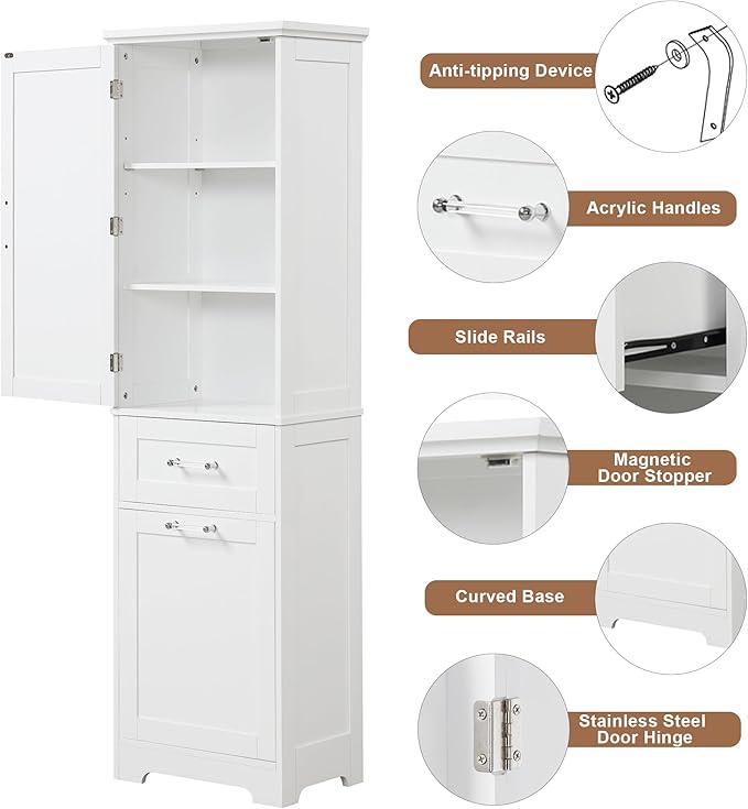 Favfurish 68" Tall Bathroom Storage Cabinet with Door and 2 Drawer,Modern Linen Cabinets w/Adjustable Shelf & Magnetic Door Stopper,Freestanding Organizer for Bath Room,Study,Office,Kitchen White