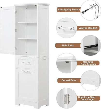 Favfurish 68" Tall Bathroom Storage Cabinet with Door and 2 Drawer,Modern Linen Cabinets w/Adjustable Shelf & Magnetic Door Stopper,Freestanding Organizer for Bath Room,Study,Office,Kitchen White