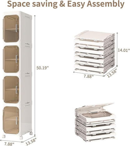 KHNR 4-Tiers Slim Bathroom Storage Cabinet, Foldable Storage Cabinets,Narrow Bathroom Storage,Movable Bathroom Storage Organizer for Small Spaces,Bathroom,Kitchen,Laundry,Cream White