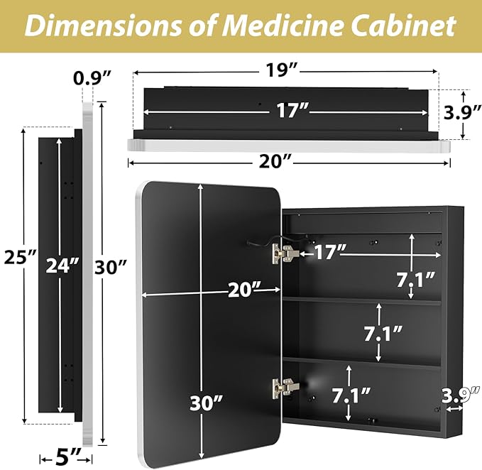 APRILSOUL 20X30 Inch Silver Bathroom Medicine Cabinet with Mirror, Recessed or Surface Lighted Medicine Cabinet with 3 Colors Temperature, Dimmable Light