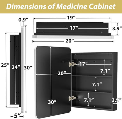 APRILSOUL 20X30 Inch Silver Bathroom Medicine Cabinet with Mirror, Recessed or Surface Lighted Medicine Cabinet with 3 Colors Temperature, Dimmable Light