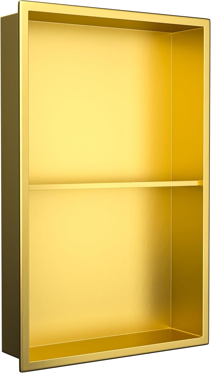 Stainless Steel Shower Niche 14"×24" Gold with 2-Tiers Shelf No Tiled Needed Niche Shower for Wall Recessed Shower Box for Bathroom Shower Storage