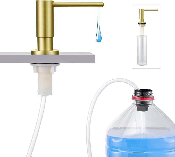 Kitchen Sink Soap Dispenser with 17 OZ Bottle and 40" Extension Tube Kit, Stainless Steel Built-in Soap Dispenser for Kitchen Sink or Countertop, in or Under Sink Installation, Brushed Gold