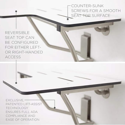 Seachrome 32" x 22.5" Lift-Assist ADA L-Shaped Reversible Bathroom Shower Bath Transfer Seat, Folding, Wall-Mounted, White Phenolic Seat