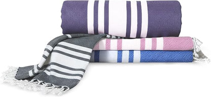 Turkish Cotton Beach Towel Pack of 4 & 1 Boho Tote Bag - Hammam Towels - No Shrink - Quick Dry - Lightweight - Sand Free - Camping - Pool - Beach Essentials - Blue,Gray,Purple, Coral (40"x70")