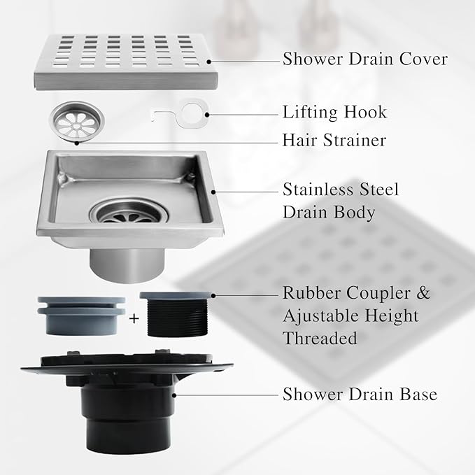 6 Inch Square Shower Floor Drain, Stainless Steel Flange with Removable Grid Cover Hair Strainer, Brushed Nickel