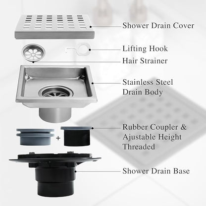 6 Inch Square Shower Floor Drain, Stainless Steel Flange with Removable Grid Cover Hair Strainer, Brushed Nickel