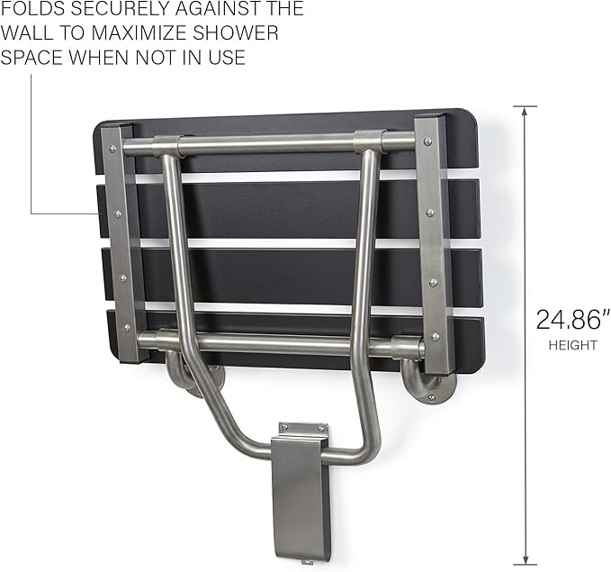 24-inch x 15-inch ADA Folding Wall Mount Bathroom Shower Seat Bench, Black Slatted Phenolic Seat